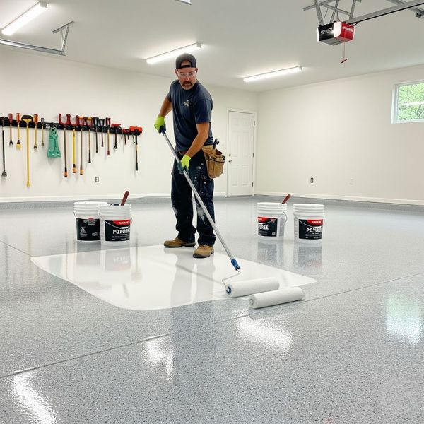 A flooring expert efficiently applying a protective top coat to a new floor.
