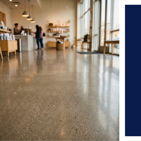 A low-angle shot of a polished concrete floor inside a bright, modern cafe with blurred customers in the background.