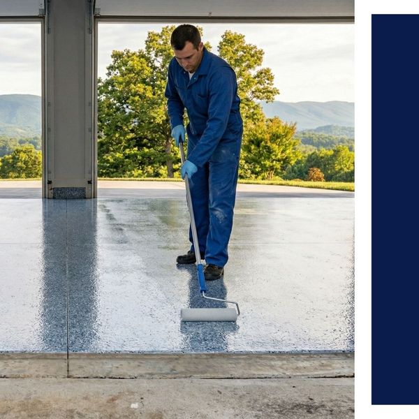 Professional flooring contractor applying a blue decorative flake polyaspartic coating to a garage floor.