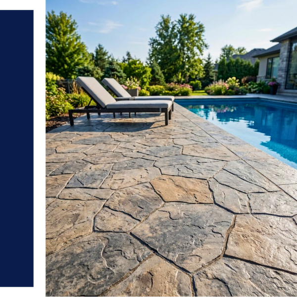 Two lounge chairs sitting on a stamped concrete patio beside a residential swimming pool. The concrete resembles large, irregular slate stones.