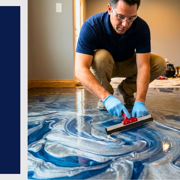 Worker applying blue and silver metallic epoxy floor coating.