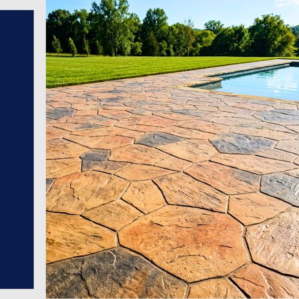 Stamped flagstone concrete pool deck surrounding a swimming pool