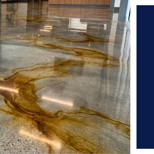 High-gloss metallic epoxy floor with gold and grey swirls