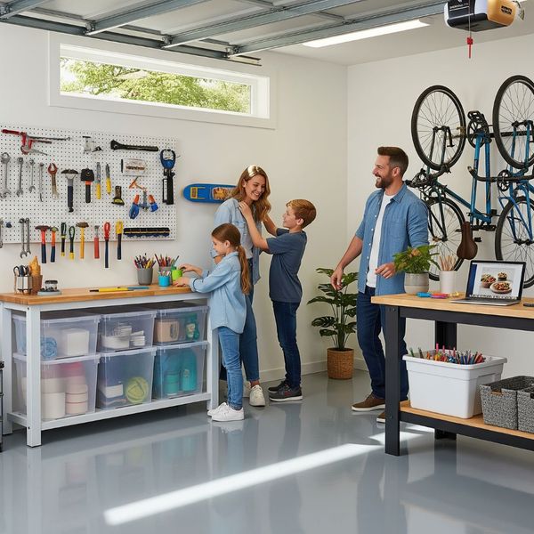 A happy family utilizing their clean and functional garage space with a new floor coating.