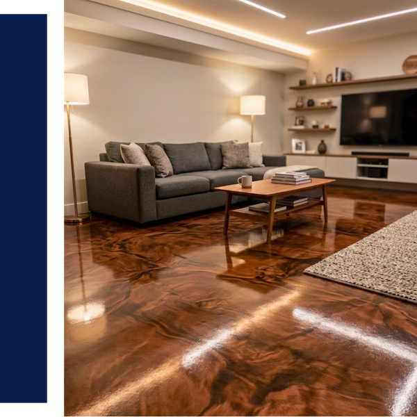 A modern finished basement living room featuring a glossy metallic epoxy floor with swirling patterns of copper and dark brown.