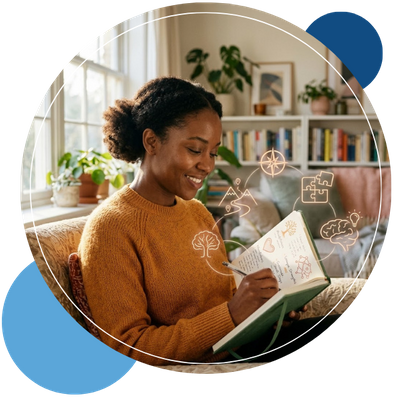 woman journaling in a sunlit living room, visualizing the personalized approach to mental health and resilience