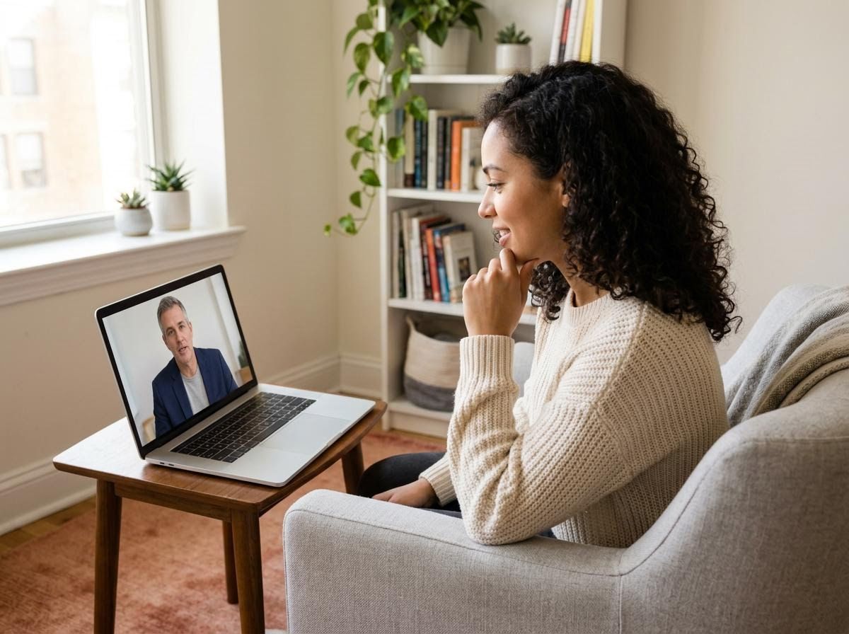 Woman Engaged in Laptop Video Call at Home