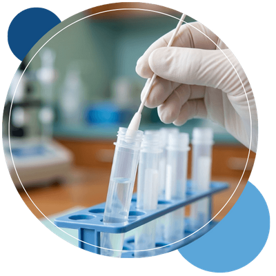 a gloved hand placing a sterile mouth swab into a scientific collection tube, visualizing the personalized genetic sampling process for pharmacogenetic testing.