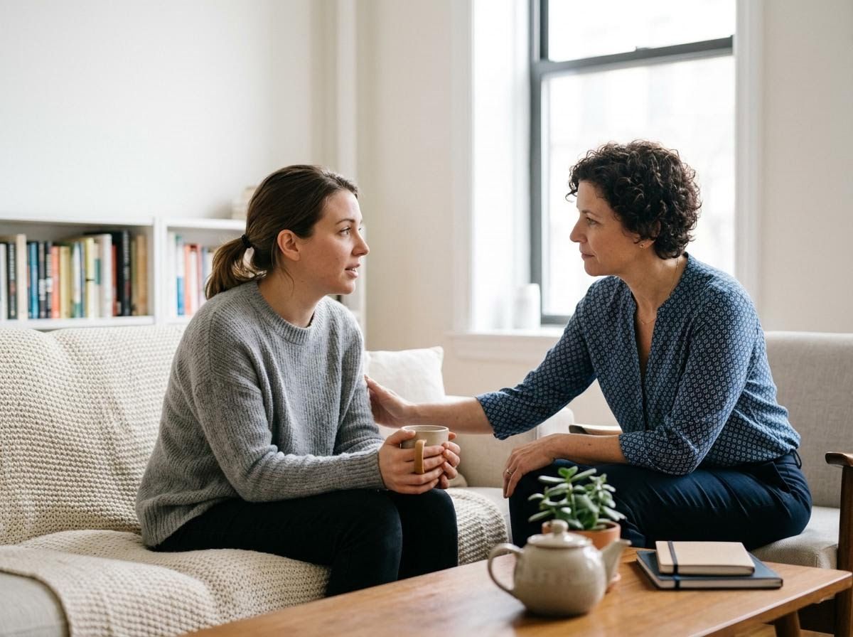 Two women having a supportive conversation on a sofa