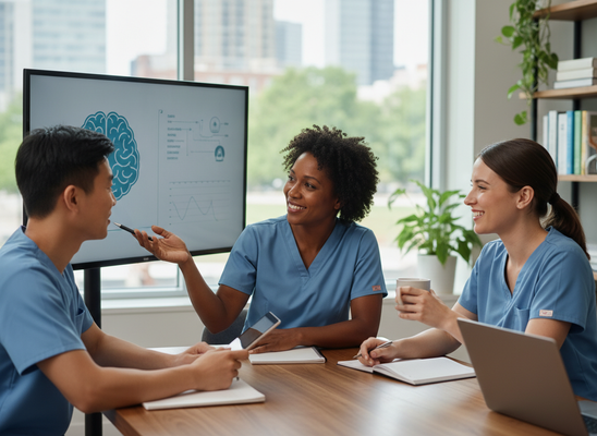 Three smiling healthcare professionals in scrubs collaborate, analyzing brain diagrams and charts on a screen during a meeting. Diverse healthcare team discussing medical data