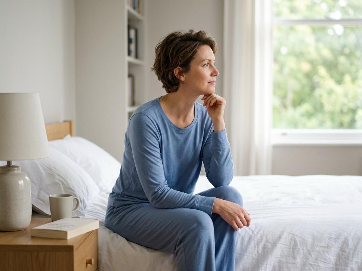 Woman in Blue Pajamas Looking Out Window