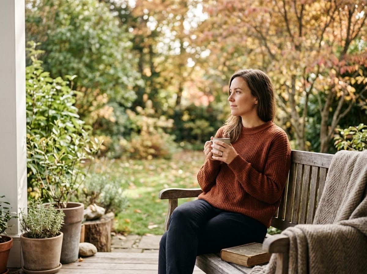 Woman enjoying a warm drink on an autumn porch