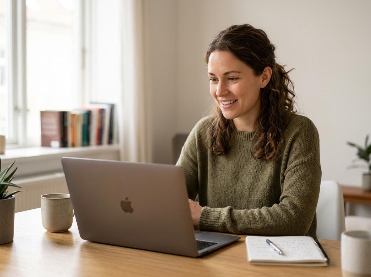 Woman working on laptop at home