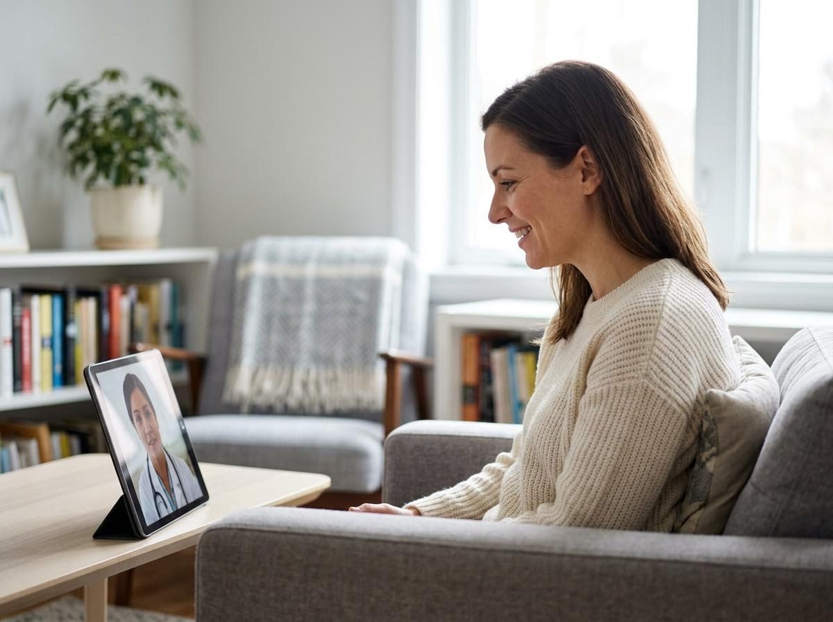 Woman having a telehealth consultation with a doctor on a tablet