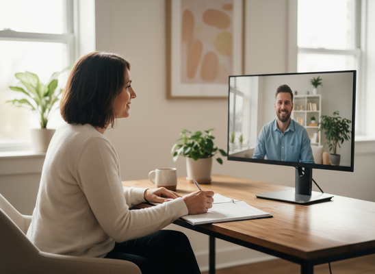 A smiling woman takes notes while participating in a video call with a man on a monitor, in a bright home office. Woman taking notes during a virtual meeting