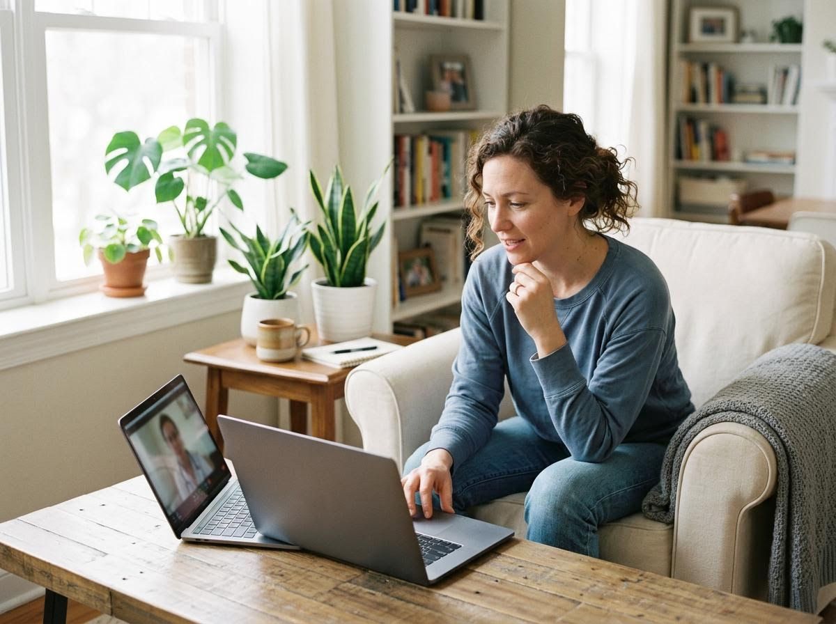 Woman on laptop video call at home