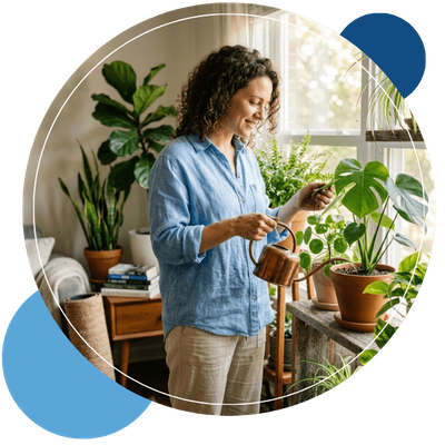 tending to indoor house plants in a sunlit living room
