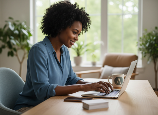 A smiling Black woman with curly hair in a blue shirt types on a silver laptop at a wooden desk, surrounded by natural light. Smiling Black Woman Working on Laptop