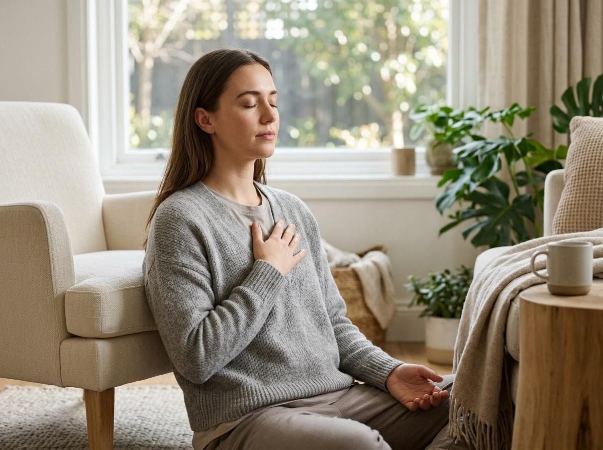 Woman meditating in a peaceful living room