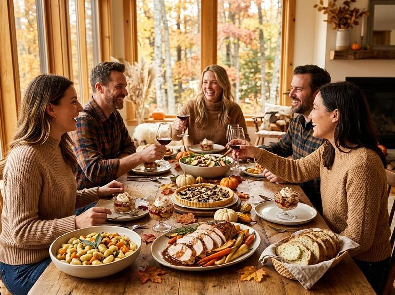 Five smiling people clinking wine glasses around a rustic table with a festive fall feast, including turkey, gnocchi, and pie. Friends and Family Enjoying an Autumn Harvest Dinner