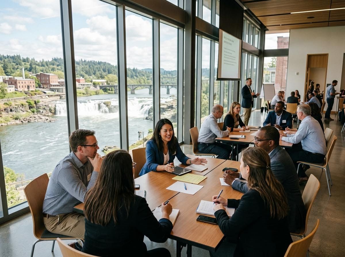 Professionals Collaborating in a Modern Conference Room with River View