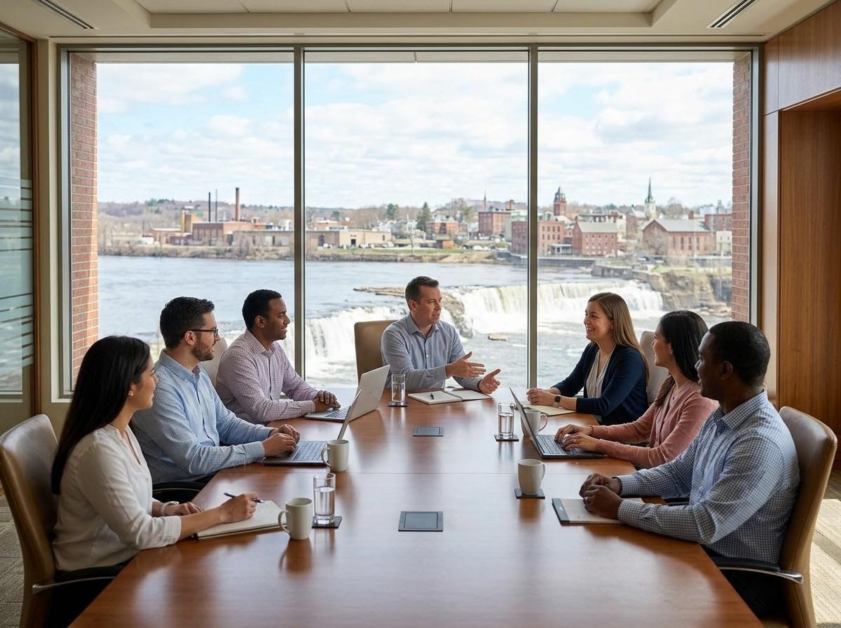 Professionals meeting with a river city view