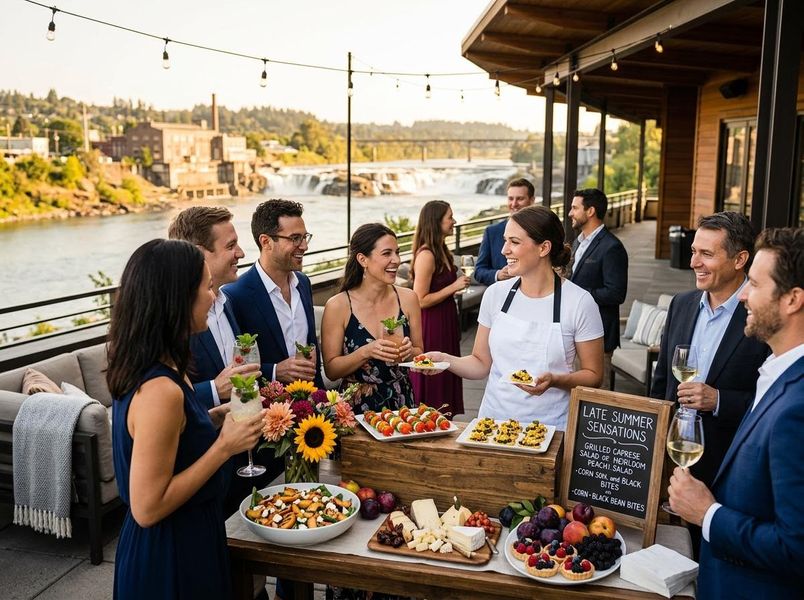 Guests mingle and enjoy appetizers from a server at an outdoor summer event on a scenic patio with a river and waterfall in the background. People enjoying an outdoor event with food and drinks on a patio overlooking a river
