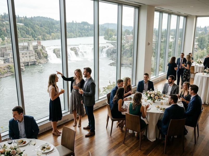 Guests gather indoors, enjoying conversation and a scenic view of river waterfalls and a historic industrial complex through large windows. Guests socializing at an event overlooking a river with waterfalls and an industrial power plant