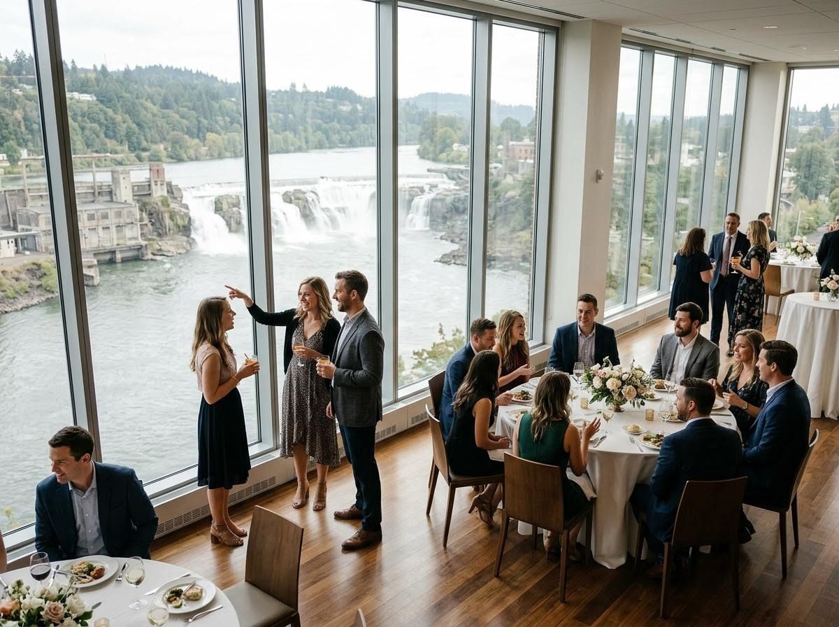 Guests socializing at an event overlooking a river with waterfalls and an industrial power plant