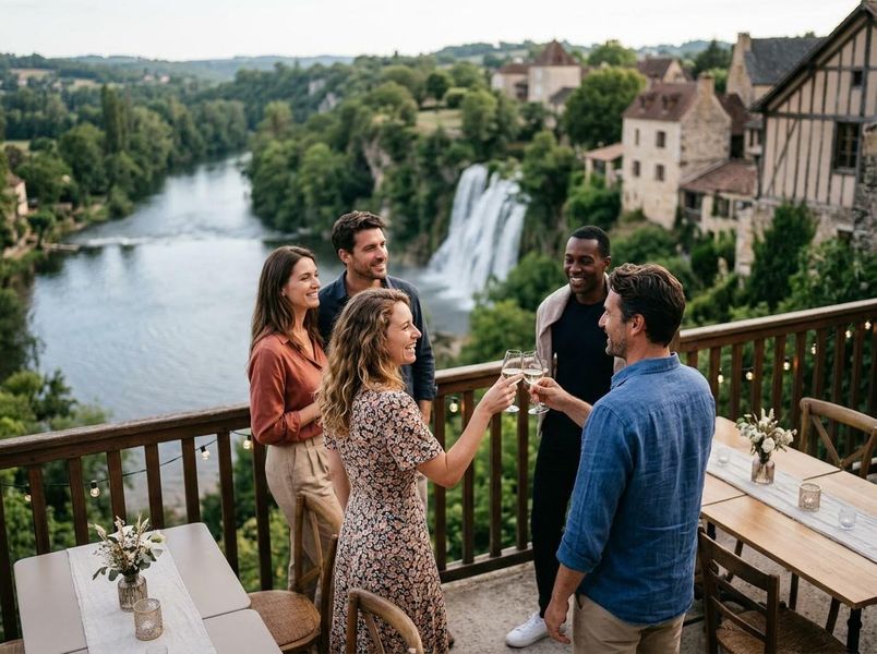 Five friends toast with wine on a balcony overlooking a river, waterfall, and charming European village with lush greenery. Friends toasting on a scenic balcony overlooking a village and waterfall