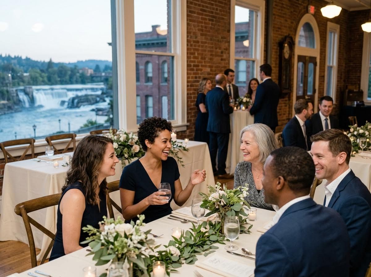 Guests Enjoying Dinner with Waterfall View