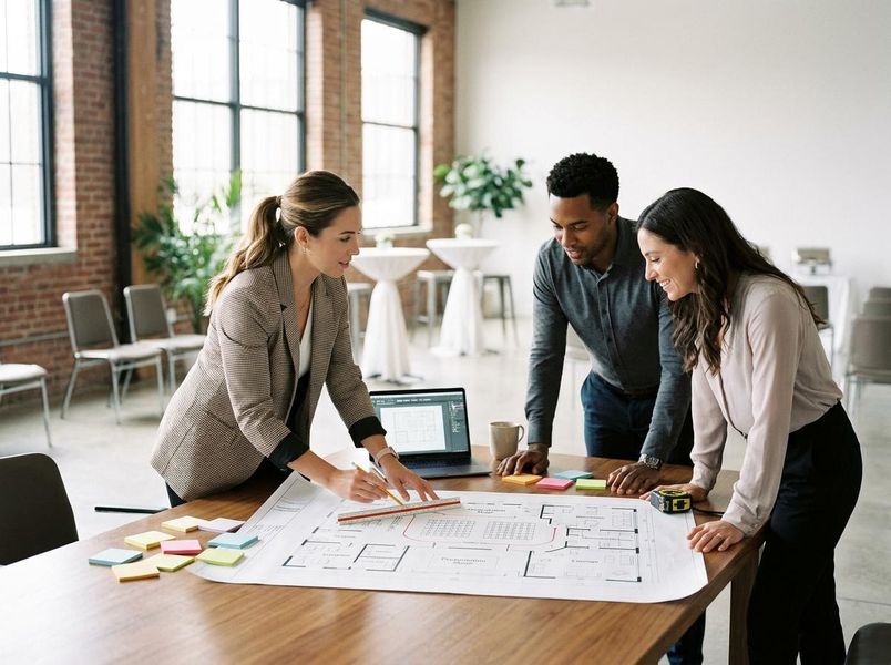 Three professionals, including two women and one man, reviewing a building blueprint with a laptop, sticky notes, and measuring tape. Team Collaborating on Architectural Blueprint