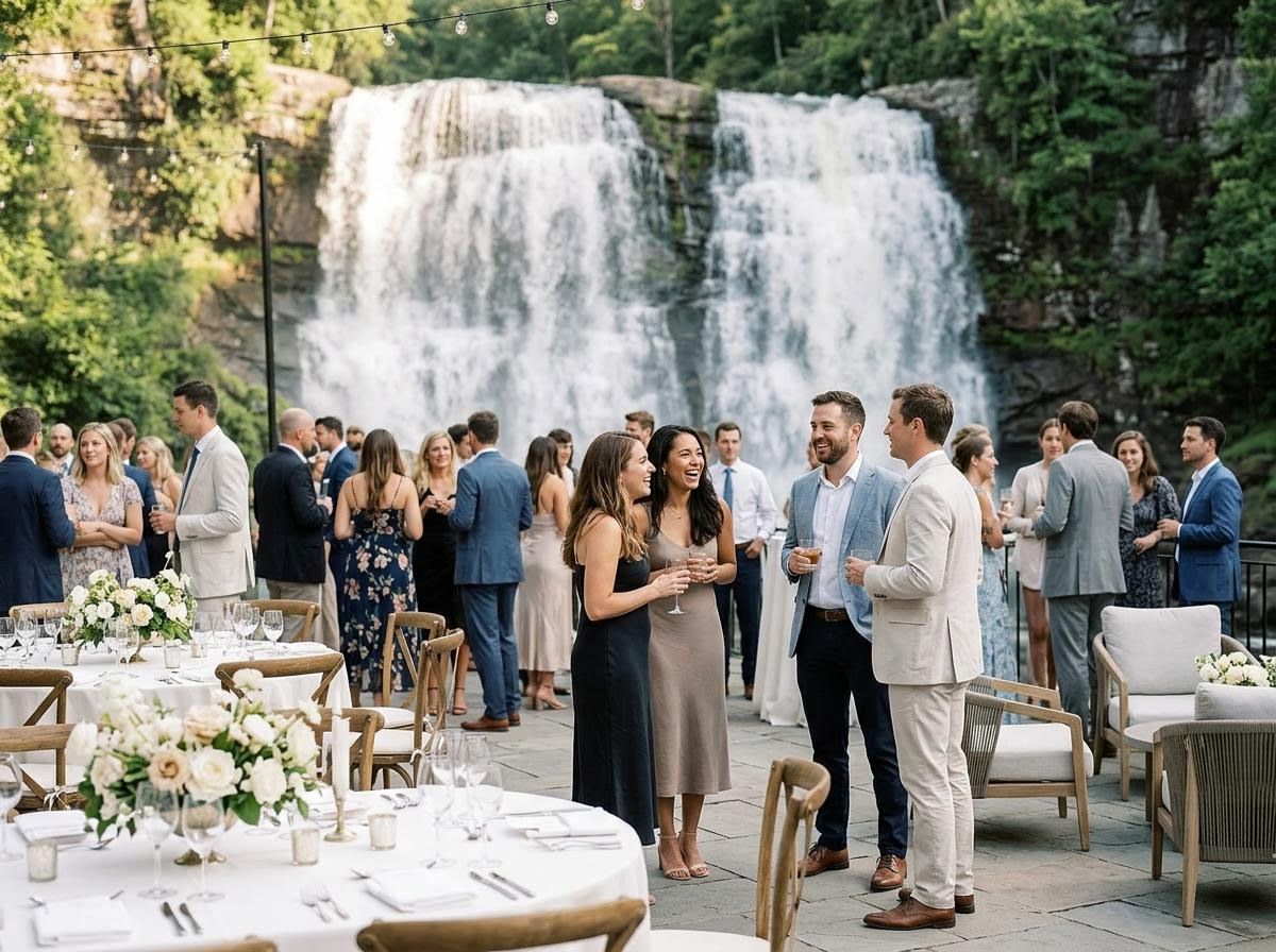 Outdoor Wedding Reception by Waterfall