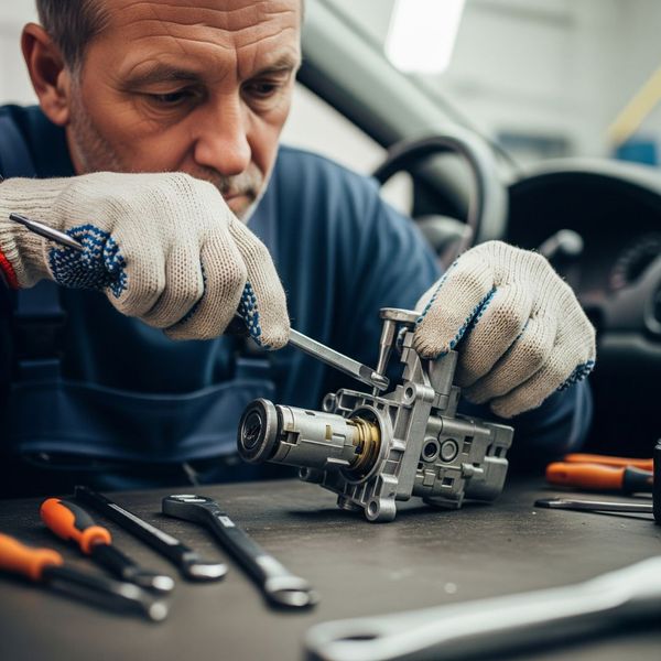 A car ignition cylinder being expertly repaired by a focused locksmith. A car ignition cylinder being expertly repaired by a focused locksmith.