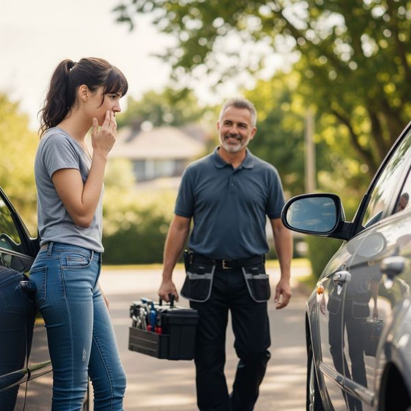 A person looking relieved as a mobile locksmith arrives to help with their car lockout. A person looking relieved as a mobile locksmith arrives to help with their car lockout.