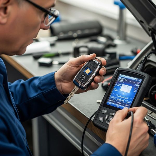 A skilled locksmith programming a modern transponder car key with a specialized diagnostic tool. A skilled locksmith programming a modern transponder car key with a specialized diagnostic tool.A skilled locksmith programming a modern transponder car key with a specialized diagnostic tool.