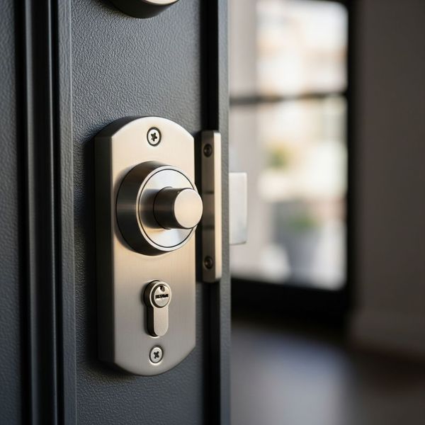 A modern, high-security deadbolt on a residential front door. A modern, high-security deadbolt on a residential front door.