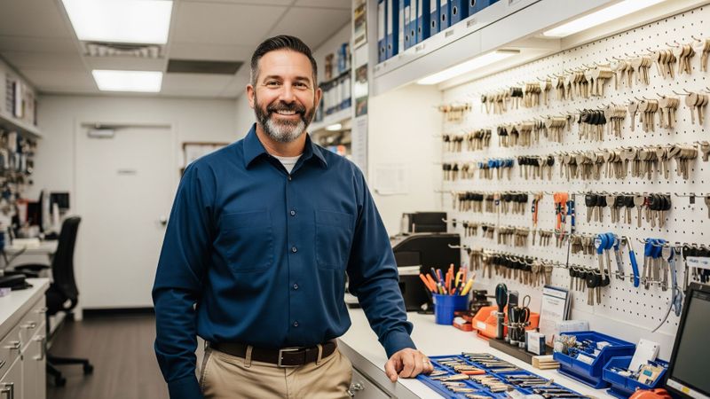A friendly and professional locksmith standing at the counter of a well-organized locksmith shop.