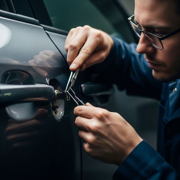 A close-up of a locksmith carefully extracting a broken key from a car door lock without causing damage. A close-up of a locksmith carefully extracting a broken key from a car door lock without causing damage.