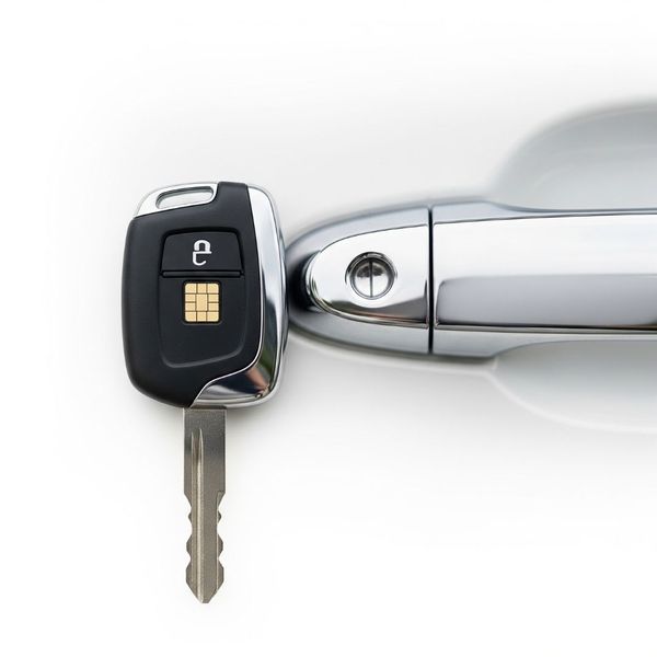 A modern car key with a transponder chip next to a car door handle. A modern car key with a transponder chip next to a car door handle.