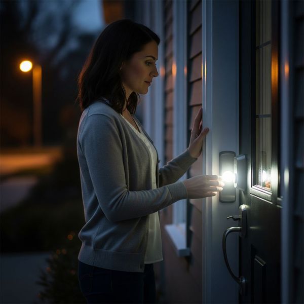 A person standing safely outside their well-lit front door at night. A person standing safely outside their well-lit front door at night.