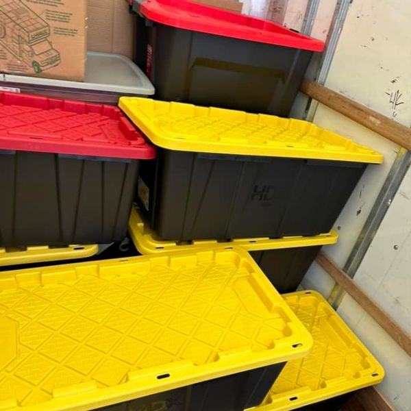 Packed moving totes.
