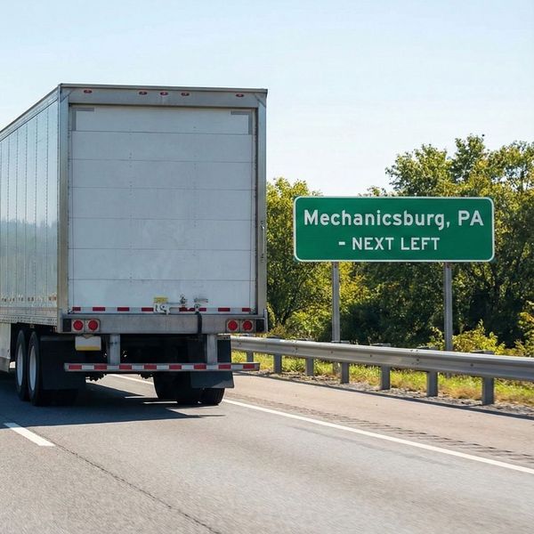 A white moving truck driving on a highway passing a green road sign for Mechanicsburg, PA, during a long-distance move. A white moving truck driving on a highway passing a green road sign for Mechanicsburg, PA, during a long-distance move.
