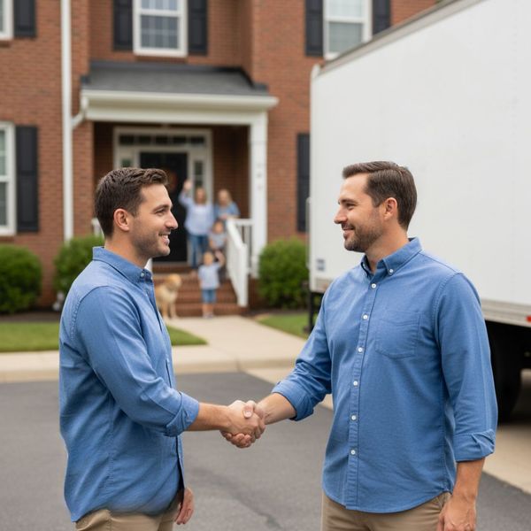 A satisfied customer shaking hands with a member of the Kane and Family Movers team.