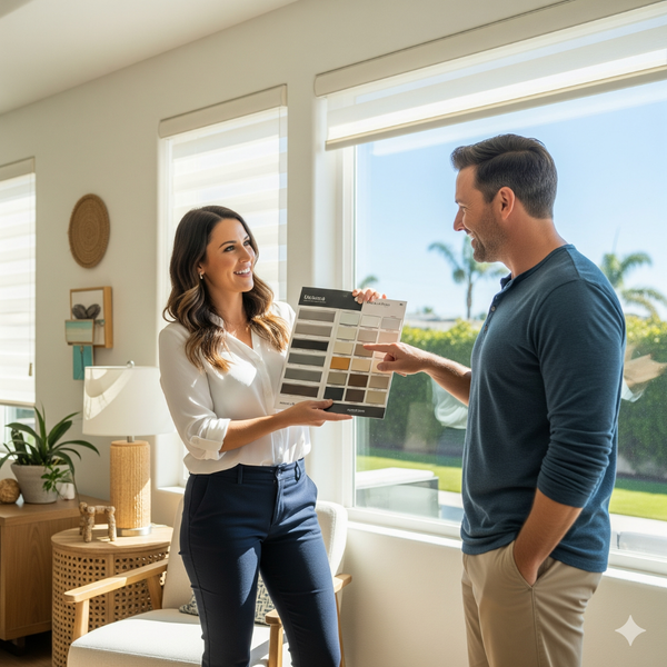 A friendly consultant in a modern, sunny living room showing a homeowner a book of window shade samples and fabrics during an in-home consultation