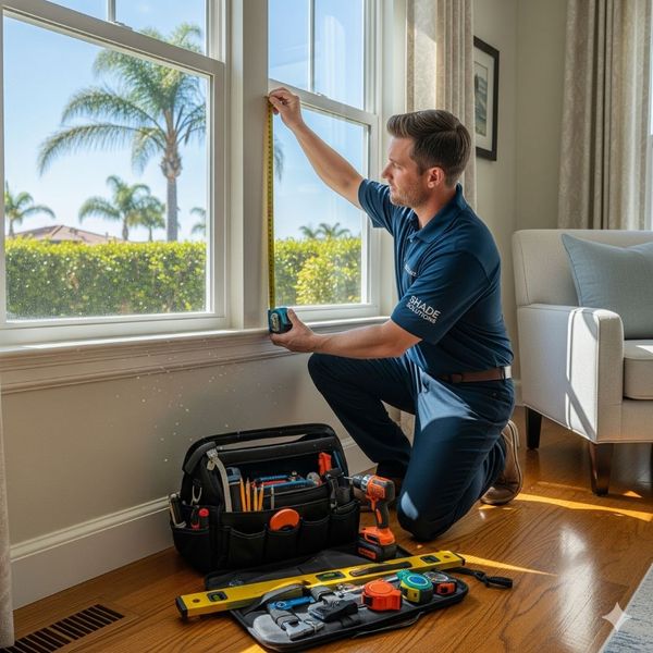 An installer kneeling to precisely measure a window frame for a new shade, with his tools organized neatly on the floor beside him