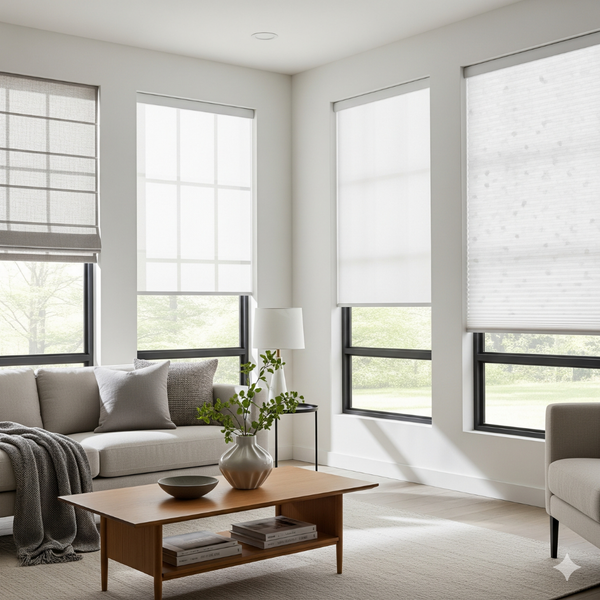 stylish living room with different types of window shades