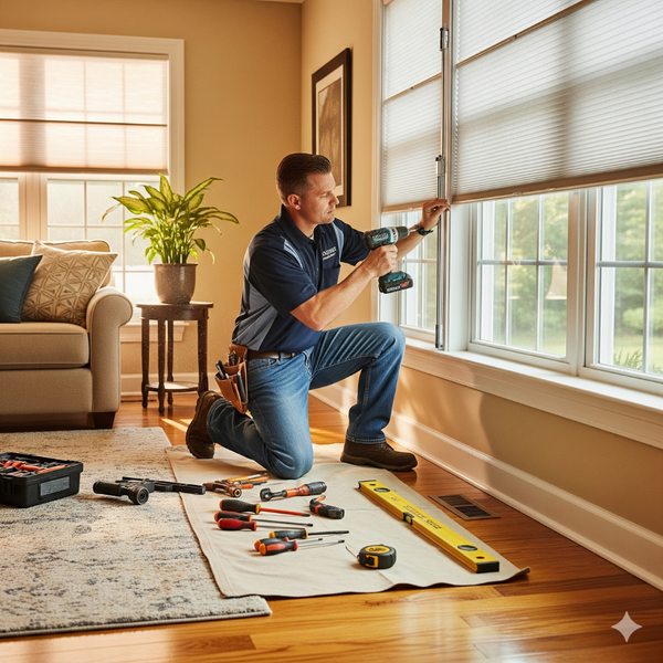A professional installer kneeling to carefully secure a cordless window shade in a home. Tools are laid out on a drop cloth next to him