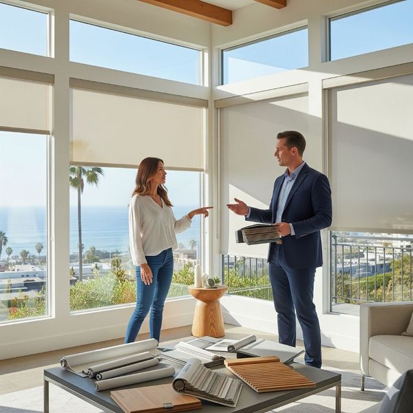 A professional window shades consultant shows fabric samples to a homeowner in a bright living room with a view of the ocean