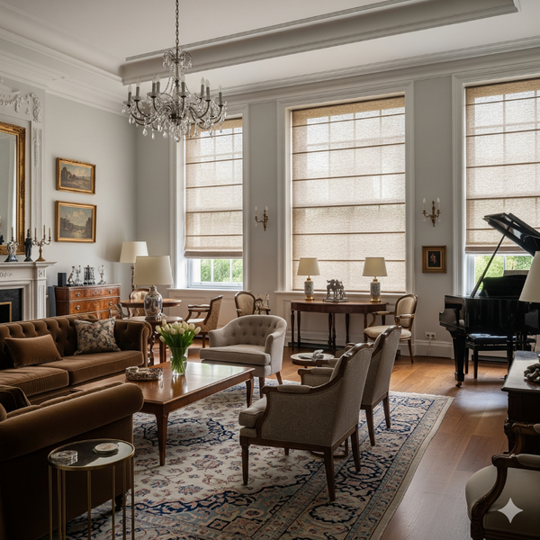 An elegant, high-end living room with three large windows fitted with perfectly tailored, custom-made Roman shades